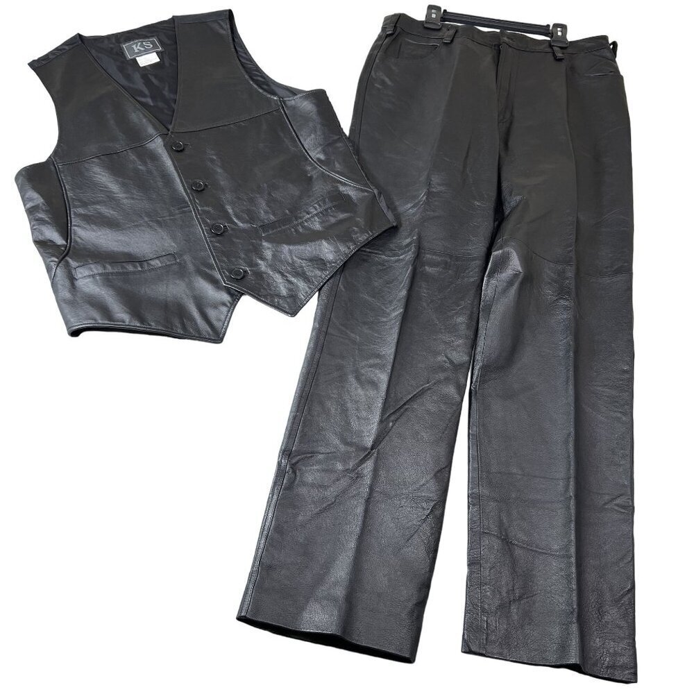 KS NEW 2pc Leather Black Mens Large Vest Pants 38X36 Tall Motorcycle Goth Grunge
